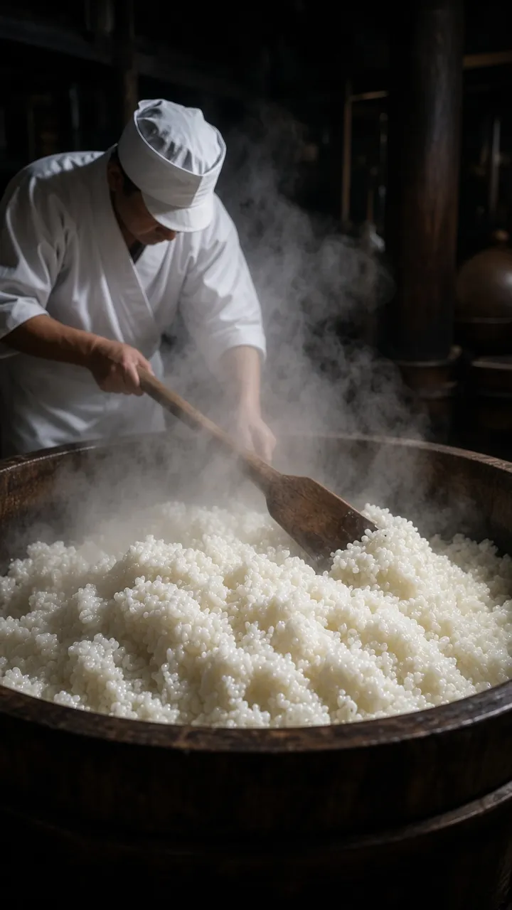 酒蔵で蒸米を扱う蔵人と立ち上る湯気