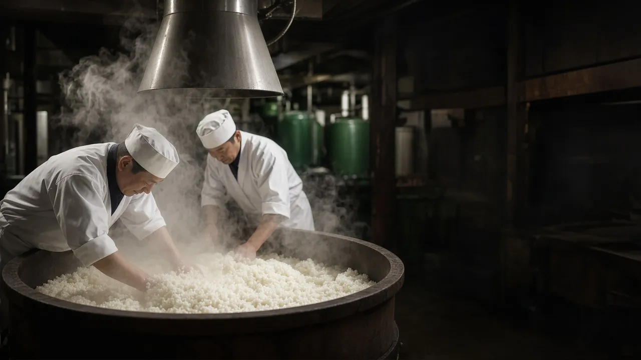 酒蔵で蒸米を扱う蔵人と立ち上る湯気