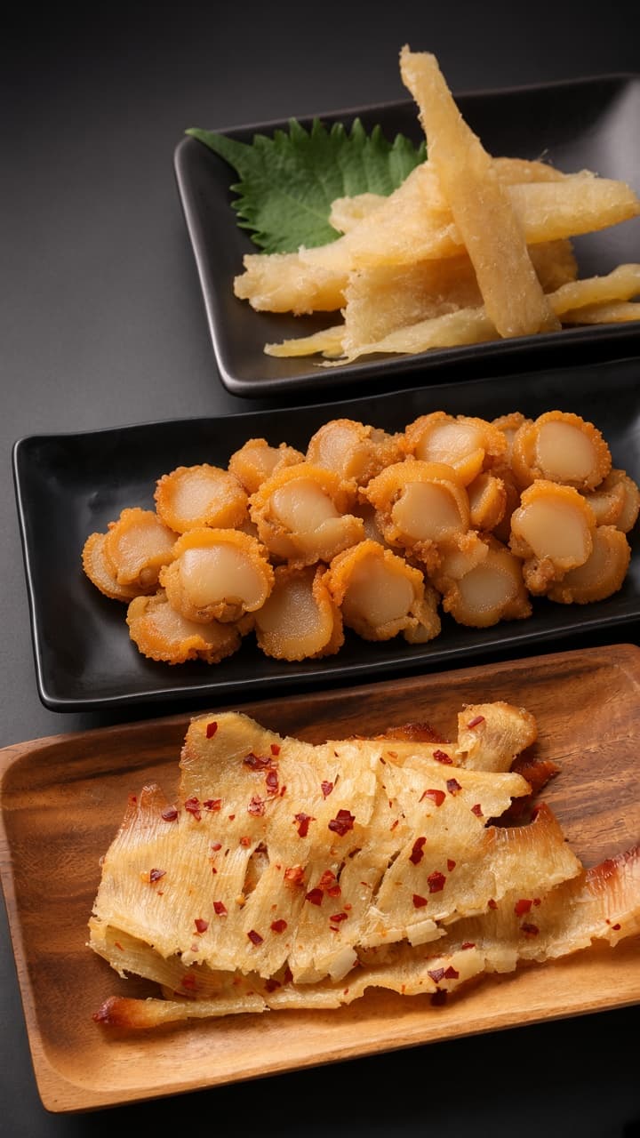 木皿と黒皿に盛られた焼えいひれ、ひも付き帆立貝柱、いかそうめんなど、お酒漬け用の珍味素材