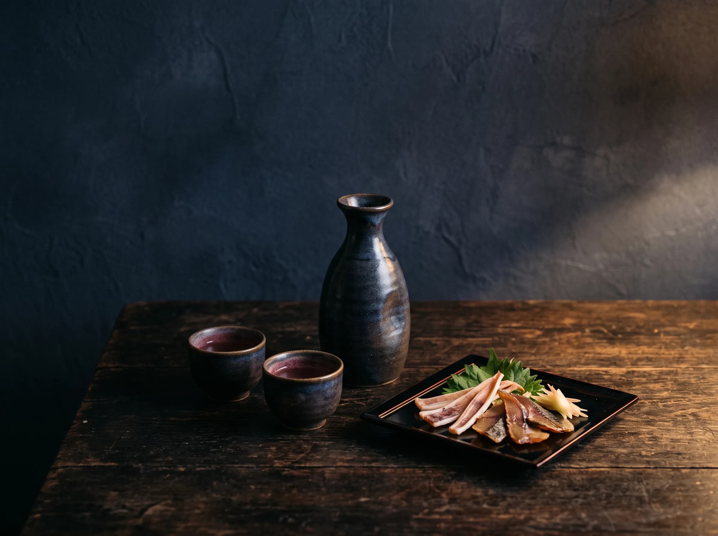 徳利と盃、黒い小皿に盛られた清酒漬け珍味